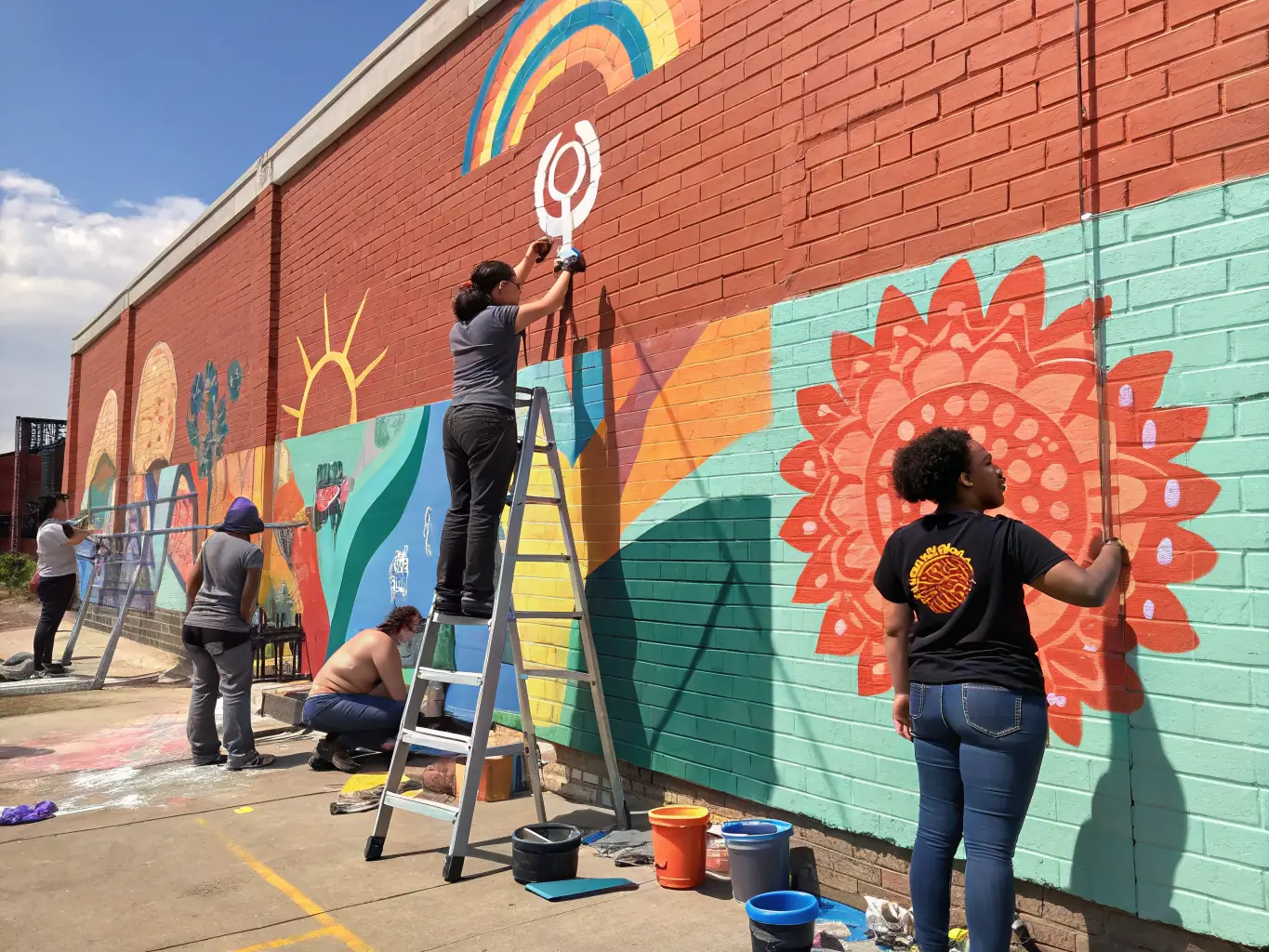 A vibrant image depicting a diverse group of artists collaborating on a mural, showcasing the collaborative spirit of CH'A RENTE PAR LES OREILLES' artistic creation programs.