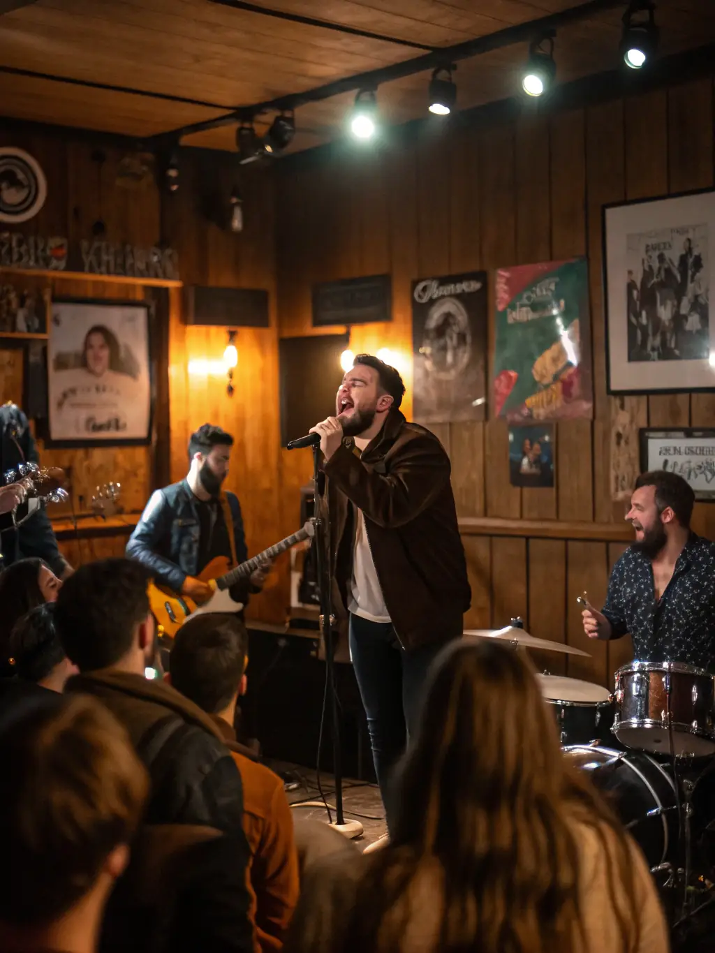 A dynamic image of a music concert, showing musicians performing on stage with a variety of instruments, capturing the energy and passion of live music.