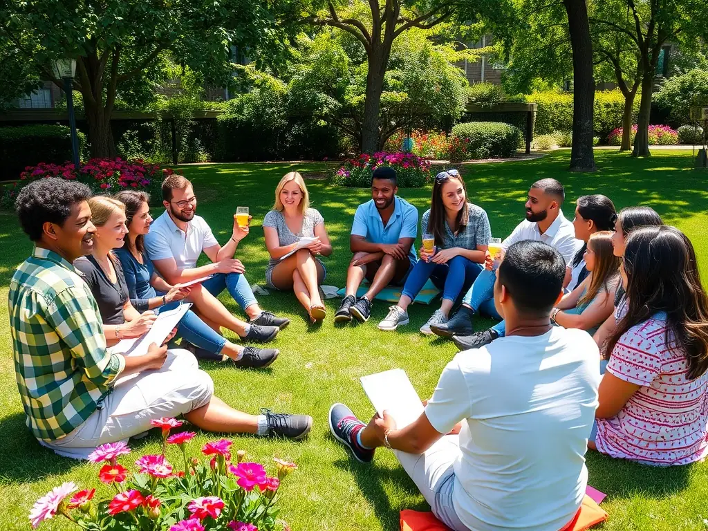 A group of diverse individuals participating in a cultural event, engaging in interactive activities and discussions, reflecting CH'A RENTE PAR LES OREILLES' commitment to cultural exchange.