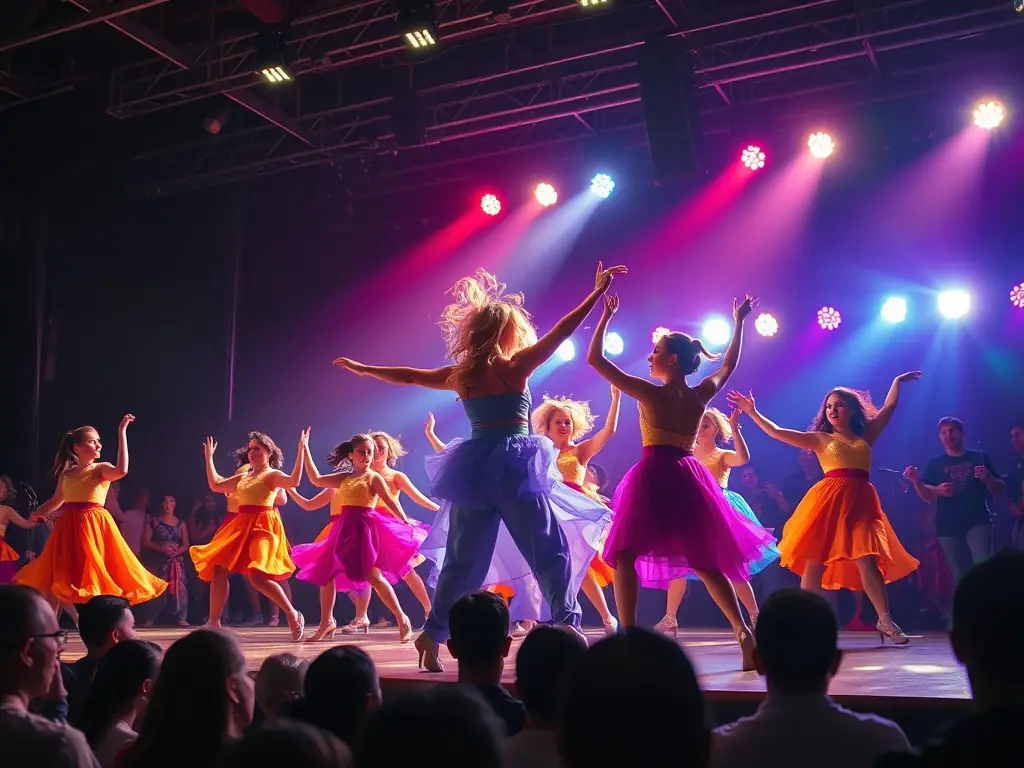 A vibrant stage performance featuring dancers in colorful costumes, bathed in dynamic lighting, capturing the energy and artistry of CH'A RENTE PAR LES OREILLES' live performance programs.