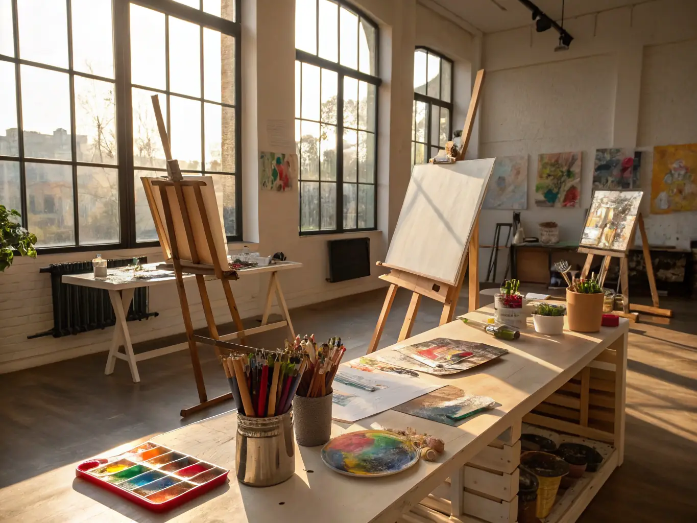 Artists working collaboratively in a studio setting, surrounded by art supplies and creative tools, symbolizing CH'A RENTE PAR LES OREILLES' support for artistic residencies and training programs.