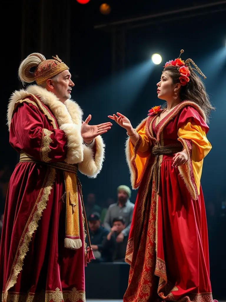 A captivating image of a theater performance, showcasing actors in costume on stage, with dynamic lighting and set design, capturing the essence of live performance art.
