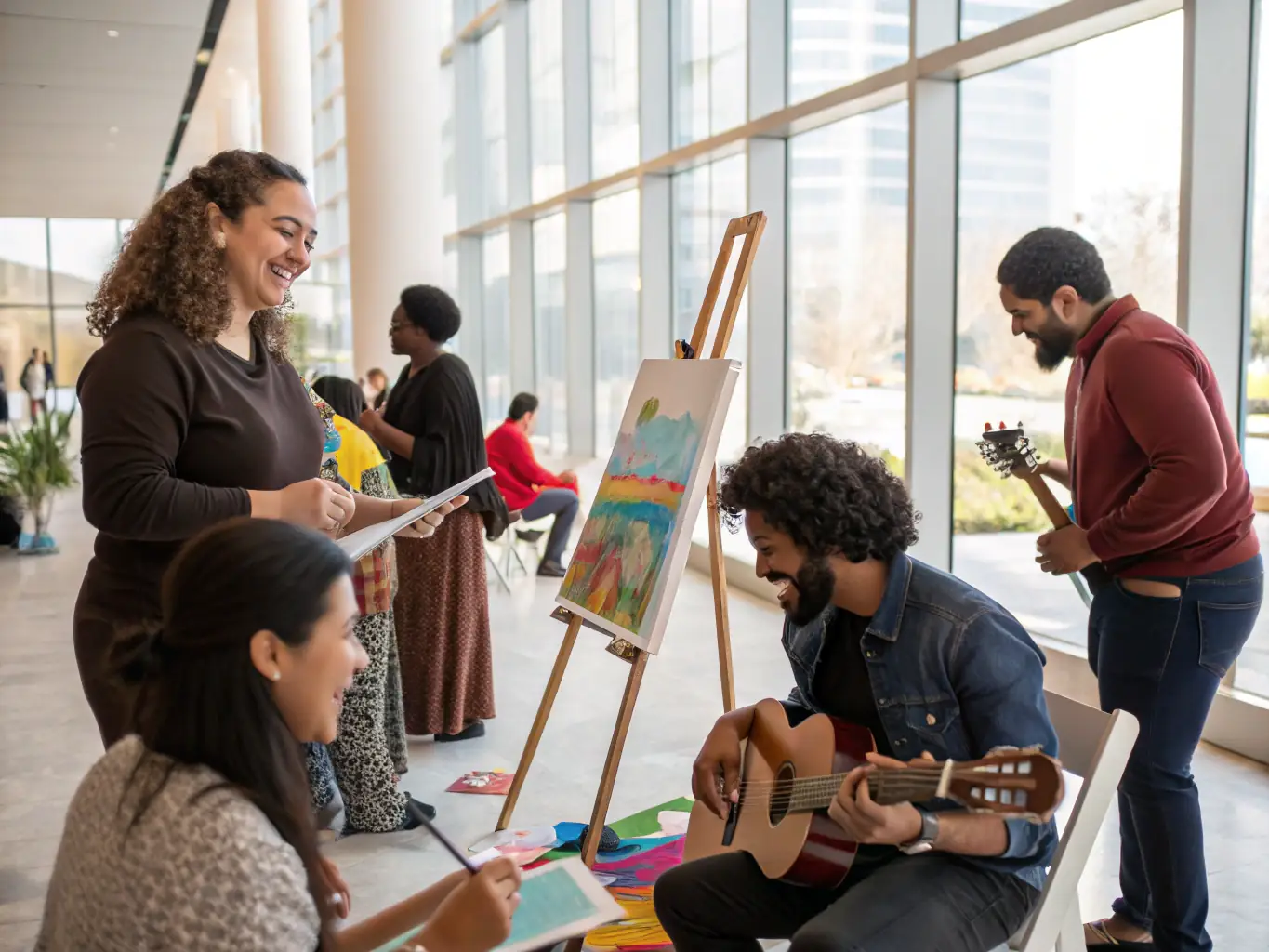 A photograph of a cultural event organized by CH'A RENTE PAR LES OREILLES, featuring diverse participants engaging in artistic activities and cultural exchange.