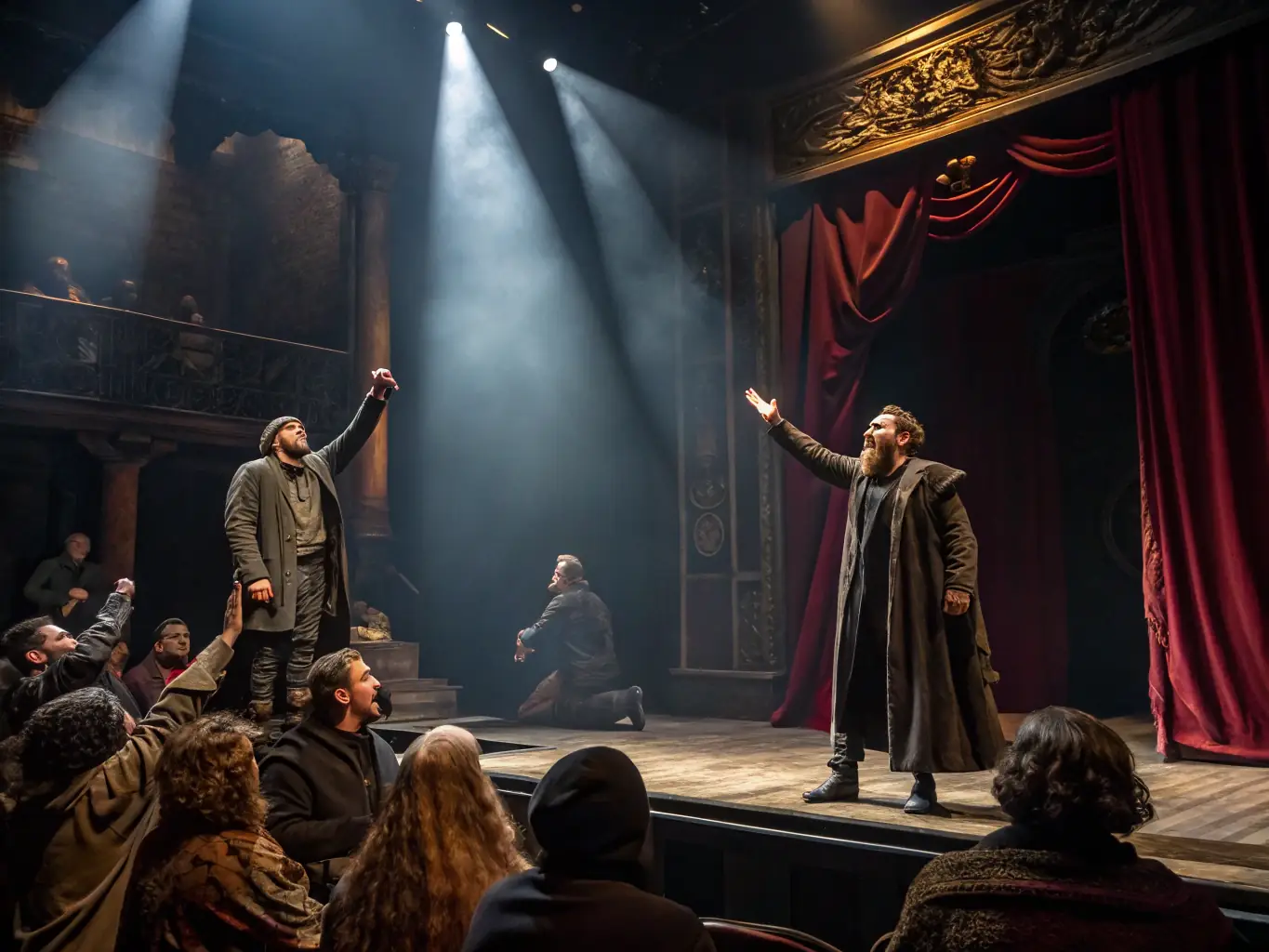 A vibrant photograph capturing a live theater performance supported by CH'A RENTE PAR LES OREILLES, showcasing actors on stage with dynamic lighting and engaged audience members in the background.